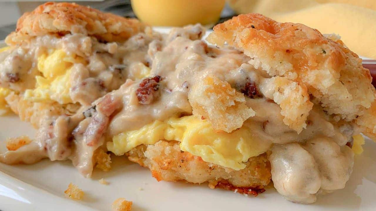 A biscuit sandwich filled with scrambled eggs and covered in thick, creamy gravy with chunks of sausage. In the background, there's part of a stovetop and a yellow item.