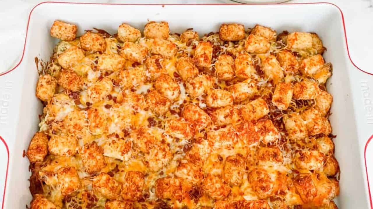 Baked Tater Tot casserole with bacon and chicken.