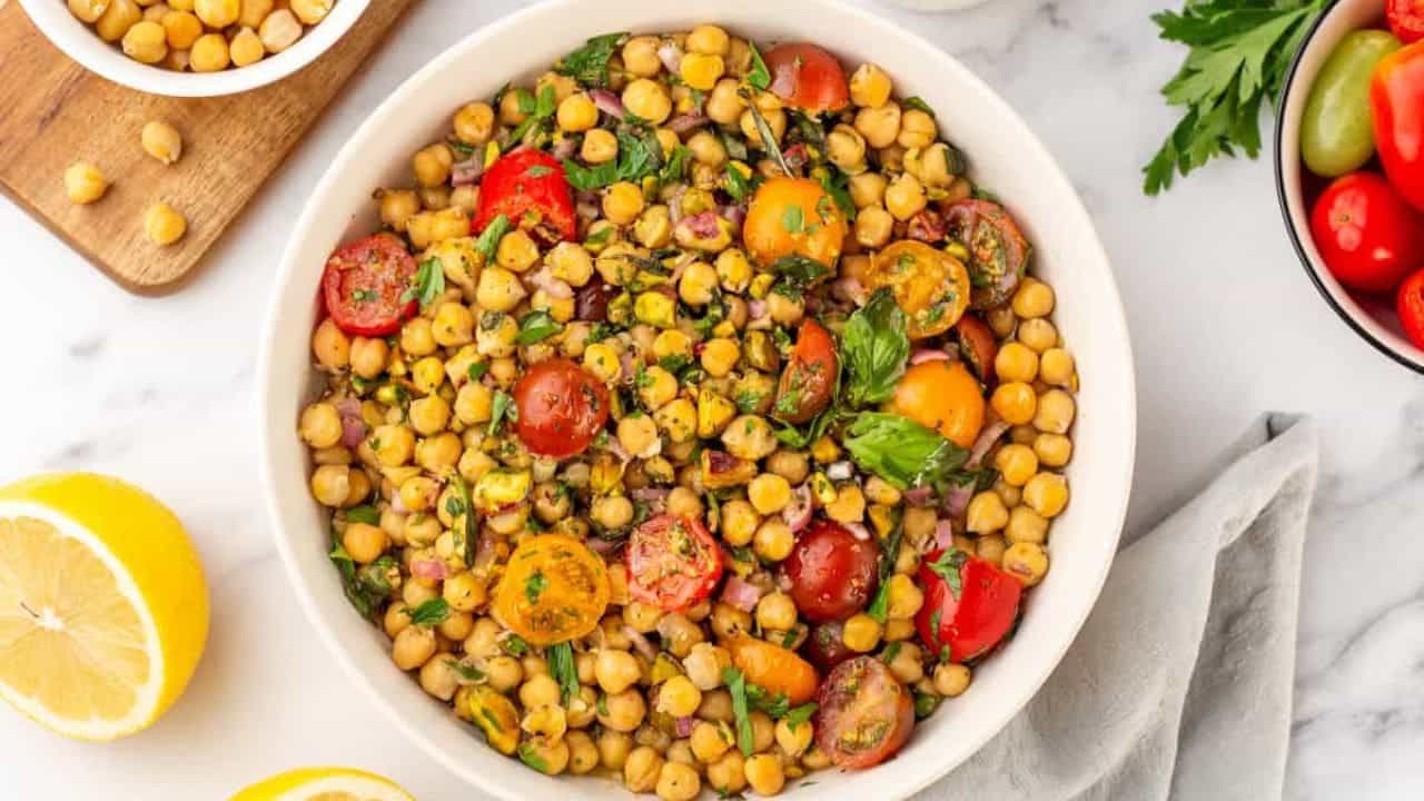 Overhead image of chickpea salad in a bowl.