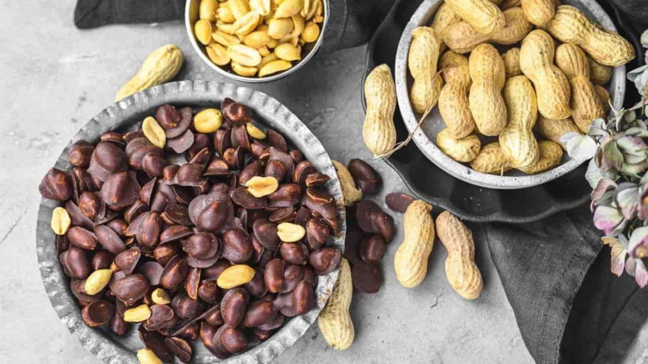 Chocolate-covered peanuts on a concrete surface.