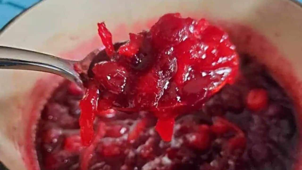 A close-up of a spoon holding chunky cranberry sauce above a bowl filled with more cranberry sauce.