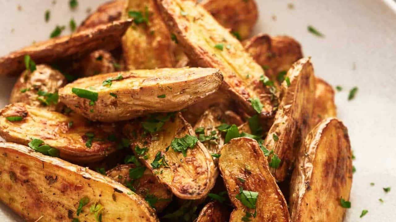 Fingerling potatoes in a serving bowl.
