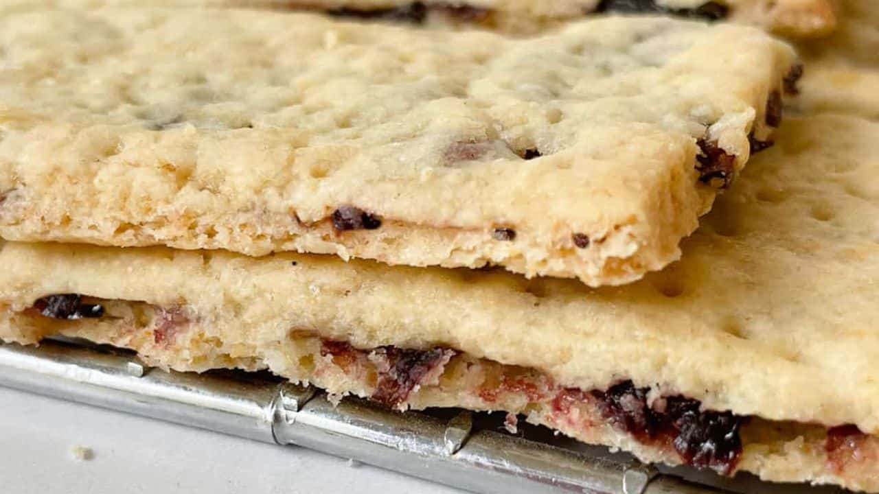 Garibaldi biscuits piled in a cooling tray.