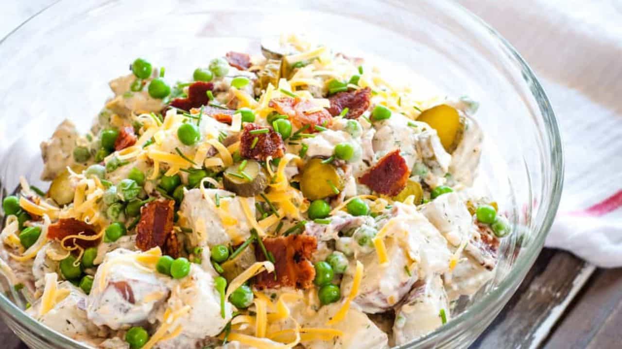A bowl of loaded potato salad.