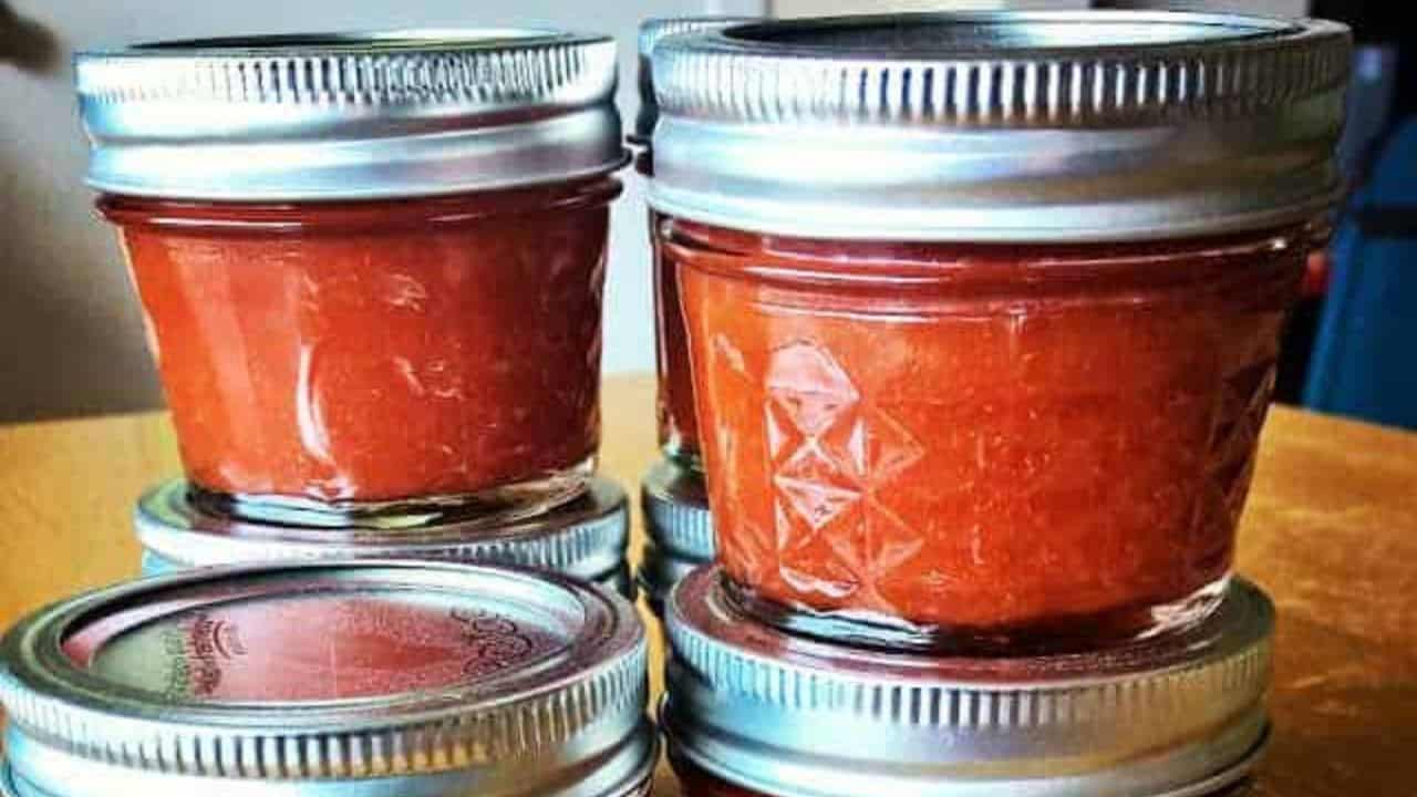 Jars of mango hot sauce.