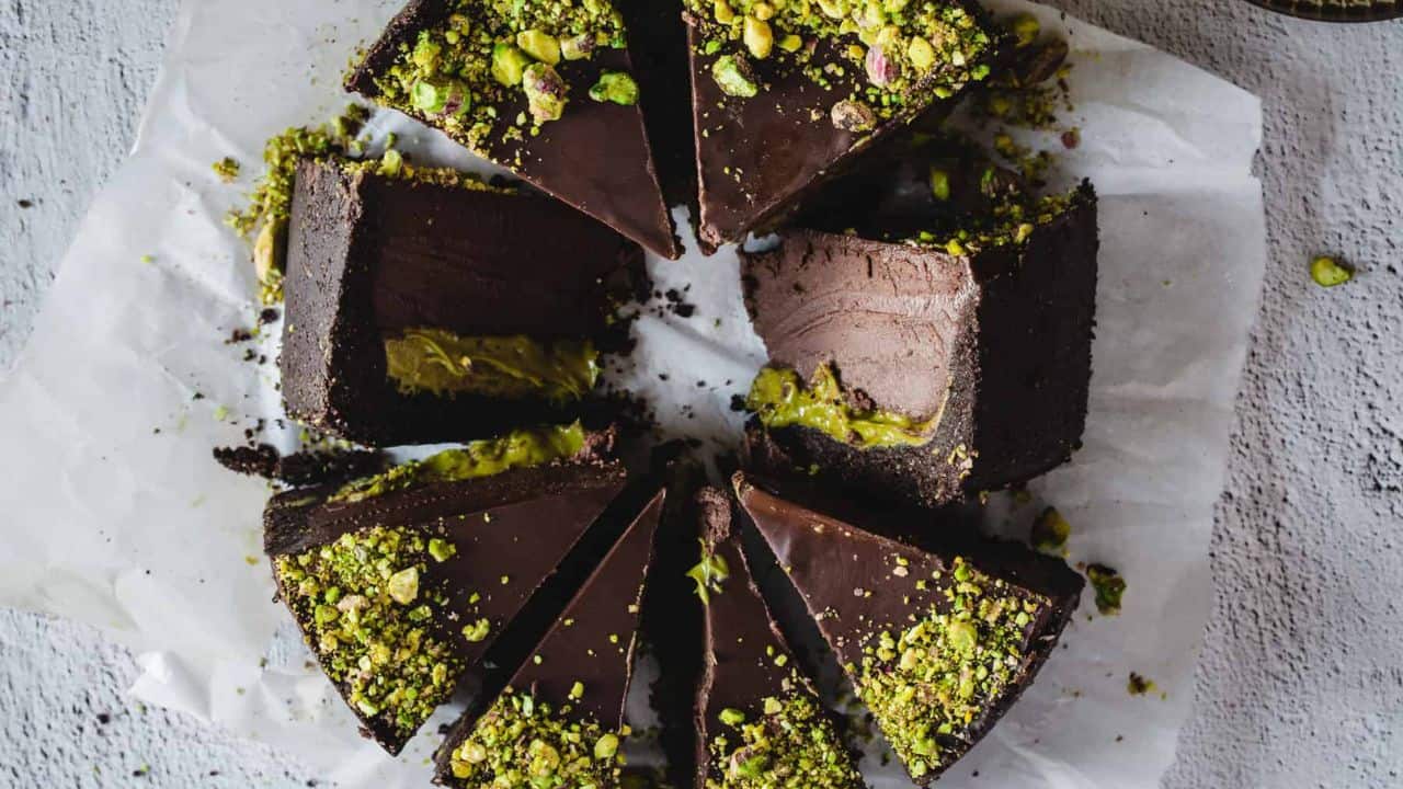 Slices of chocolate pistachio cake.