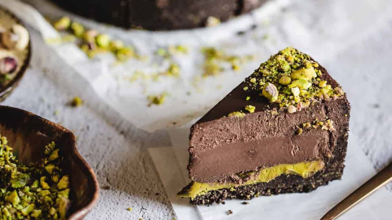 Slices of chocolate pistachio cake.
