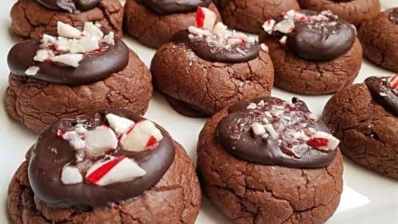 Image shows a white tray with Peppermint Chocolate Cookies sitting in rows.