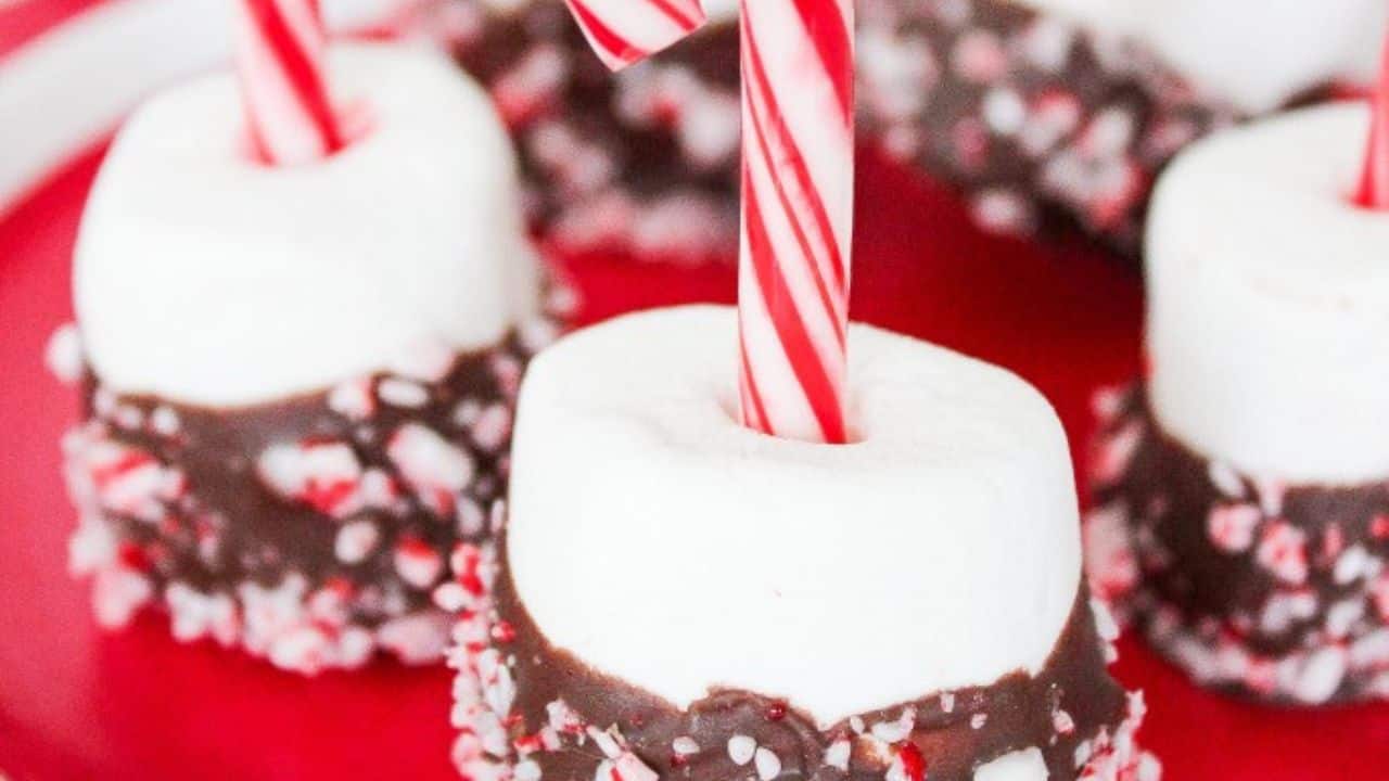 Large marshmallows are dipped in chocolate and crushed peppermint candies, each with a mini candy cane inserted in the center, displayed on a red plate.