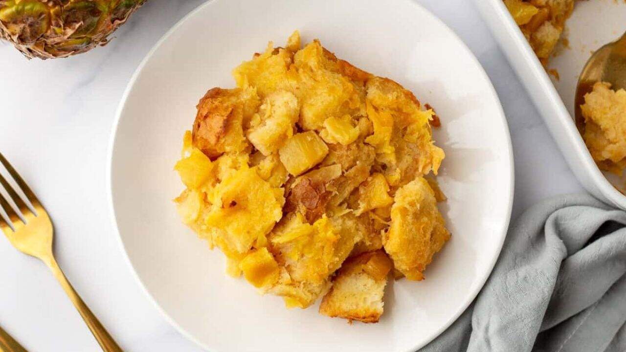 An overhead image of pineapple stuffing on a serving plate.