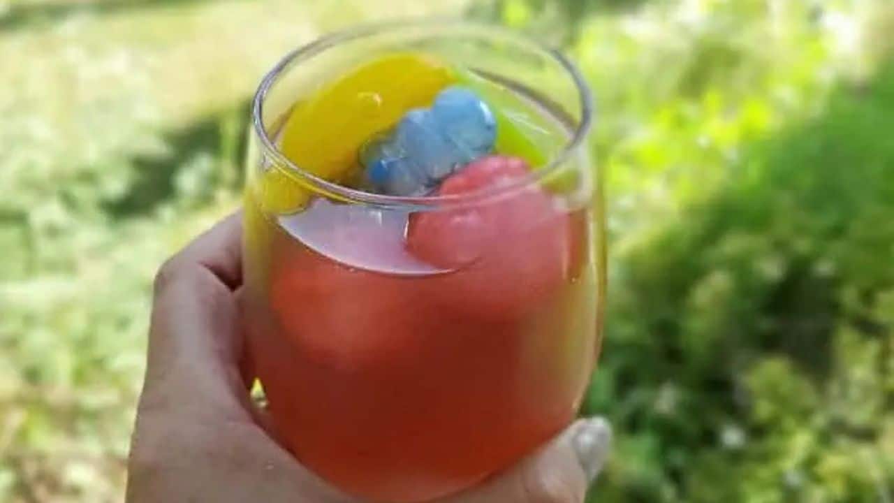 Image shows a hand holding a glass of pomegranate lemonade with green grass in the background.