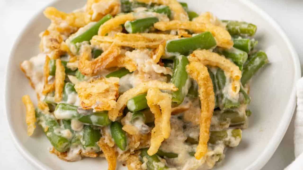 An overhead image of slow cooker green bean casserole on a plate.