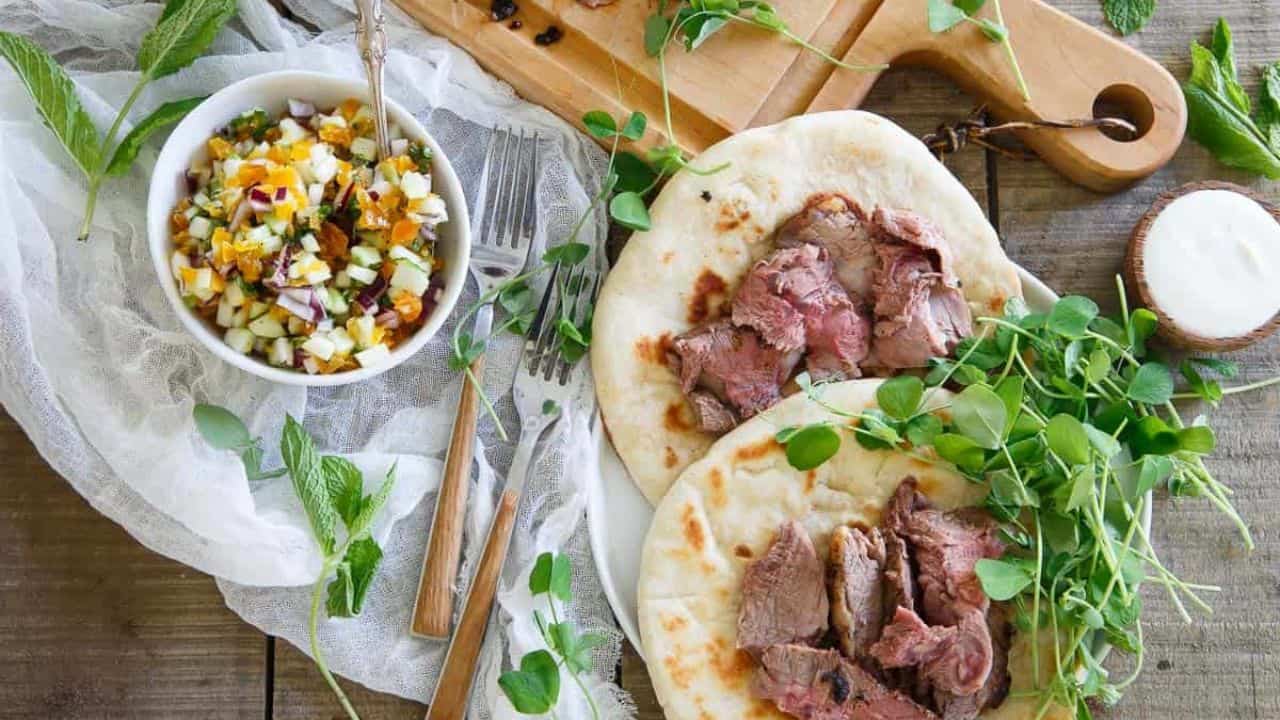 Gyros with apricot salsa and pea shoots.