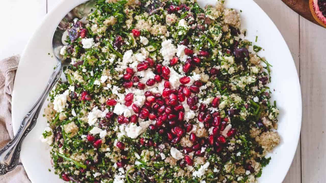 Close up overhead of tabbouleh salad with feta.