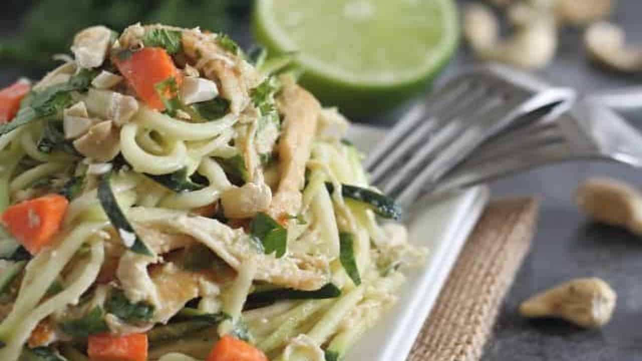 Thai zucchini noodles with chicken and cashews.