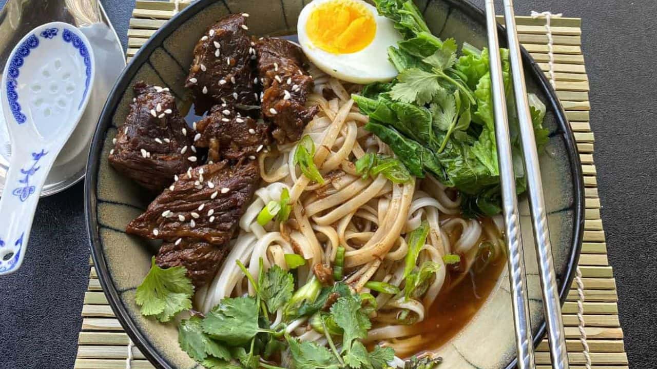 Taiwanese beef noodles in a bowl.