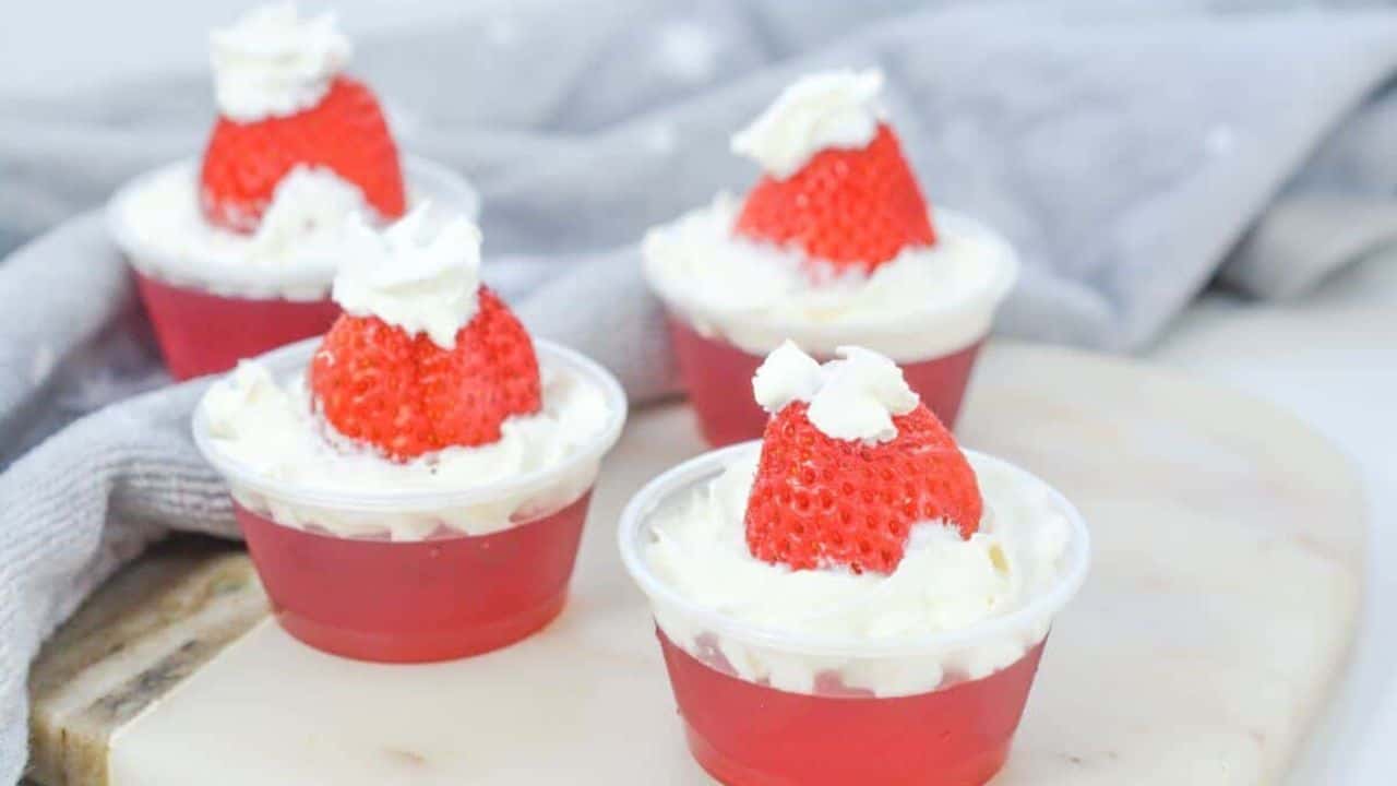 Santa hat strawberry jello cups.