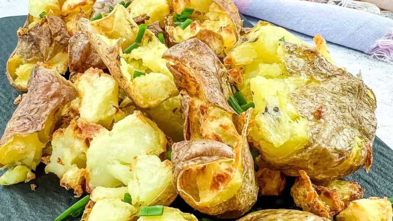Air Fryer Smashed Potatoes on a platter.