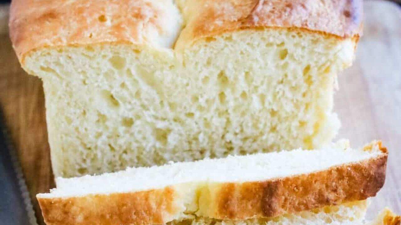 Low angle shot of a loaf of buttermilk bread.