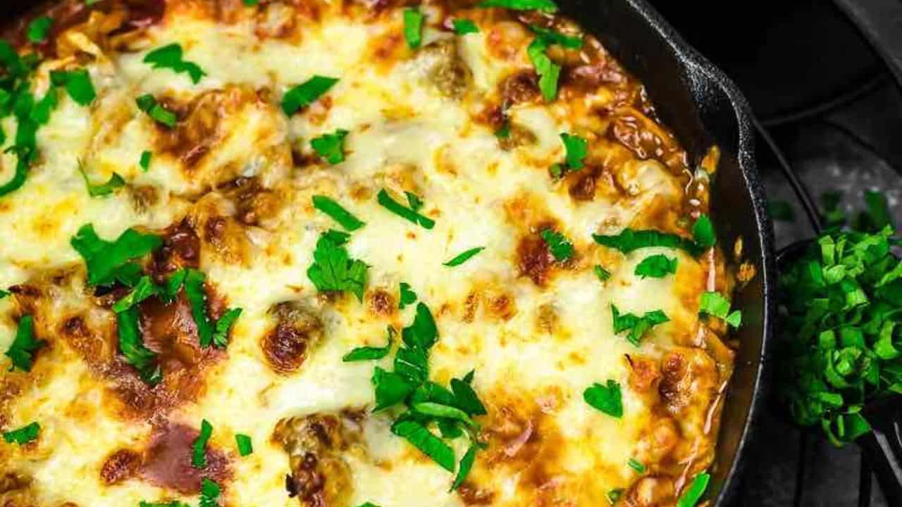 Cabbage beef casserole inside cast iron.