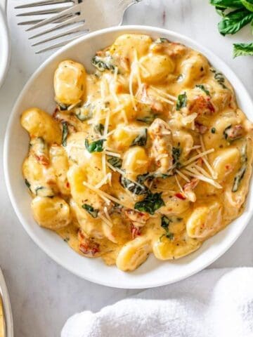 A plate of creamy gnocchi with spinach, sun-dried tomatoes, and grated cheese, garnished with fresh basil, is served beside a small bowl of sun-dried tomatoes.
