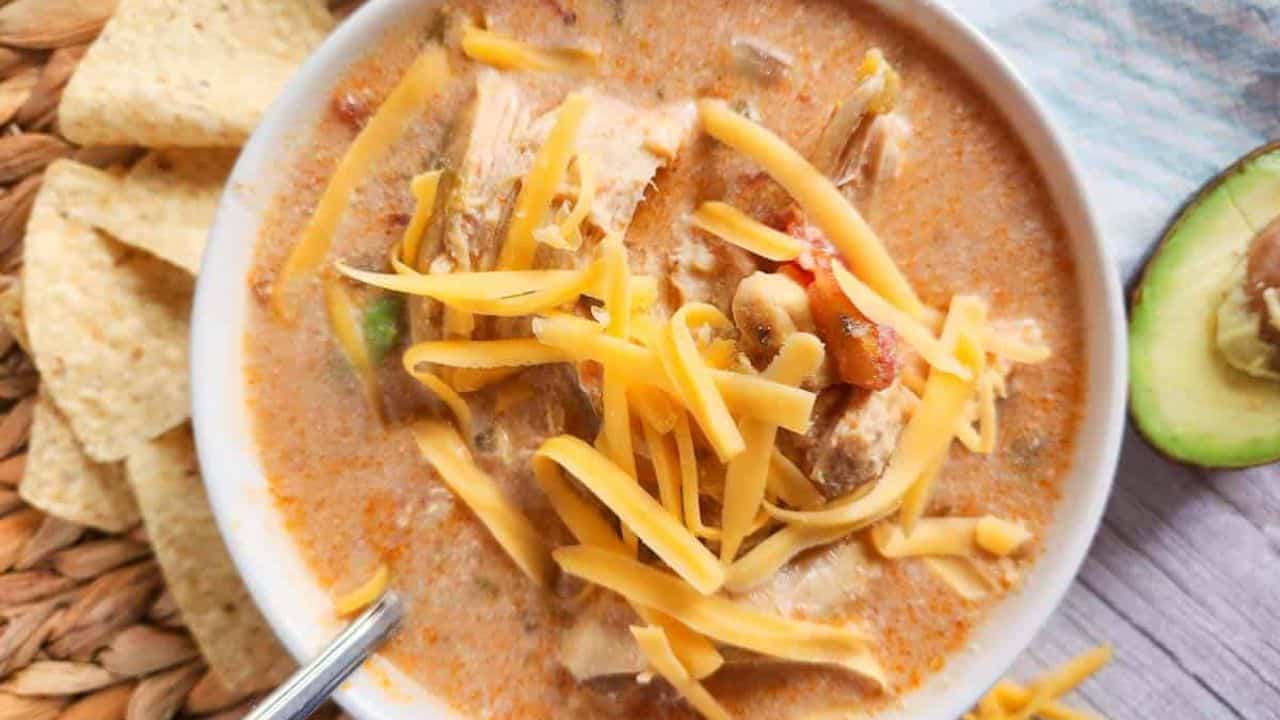 Spoonful of chicken tortilla soup with chicken and vegetables.