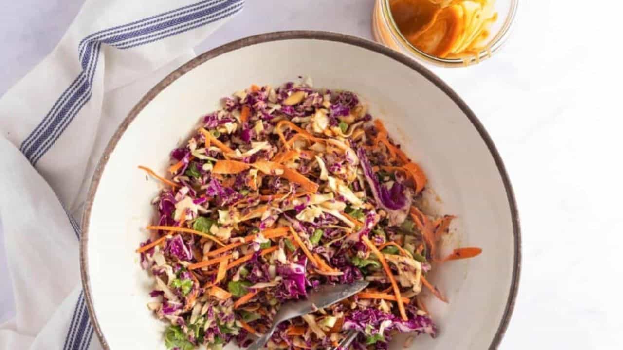 Close up of no mayo coleslaw.