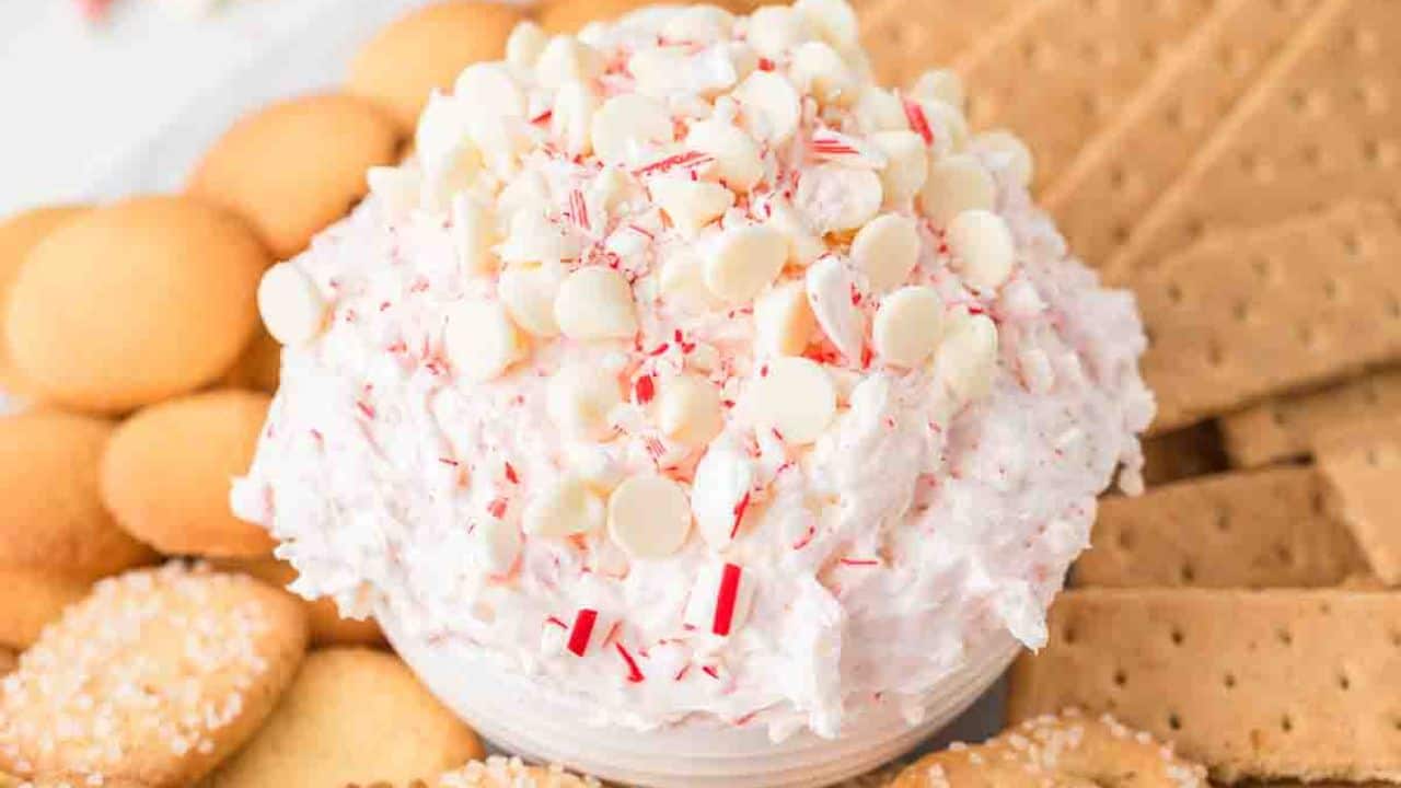 A close up image of peppermint dip with crackers around it.