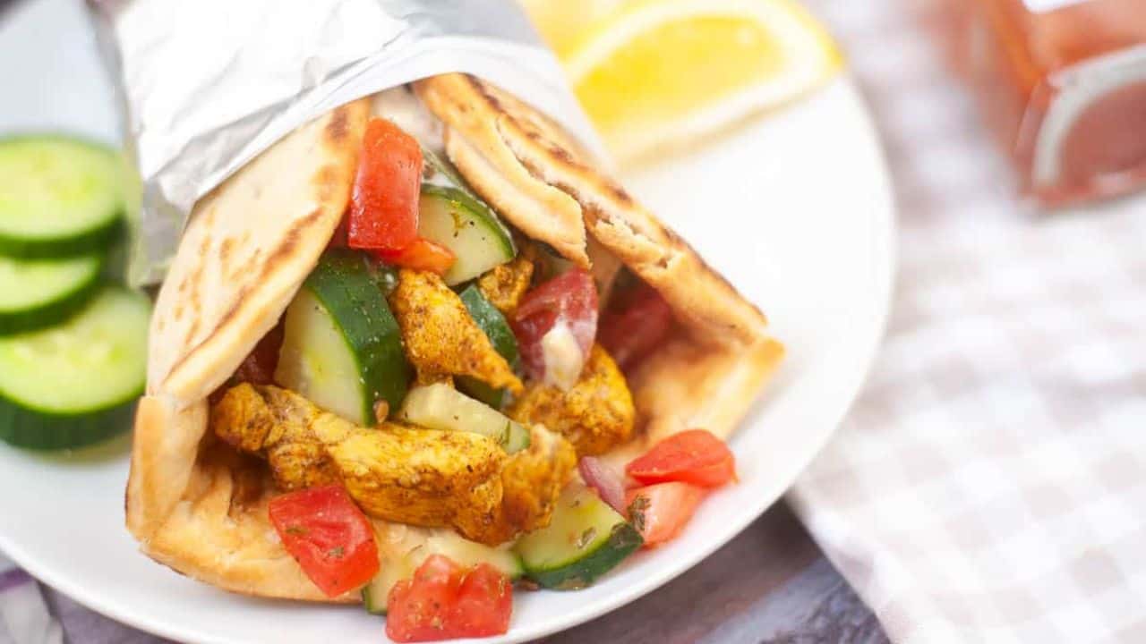 Closeup of a chicken shawarma wrap.