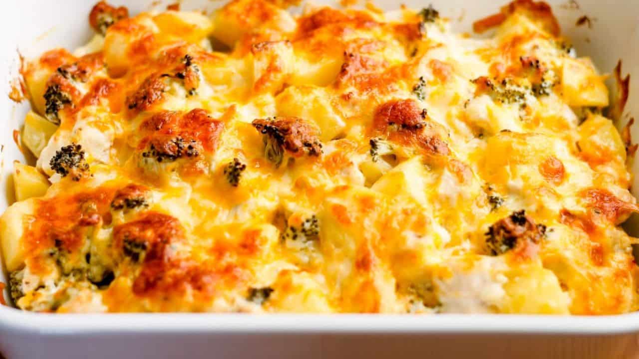 A chicken broccoli potato casserole in a baking dish.
