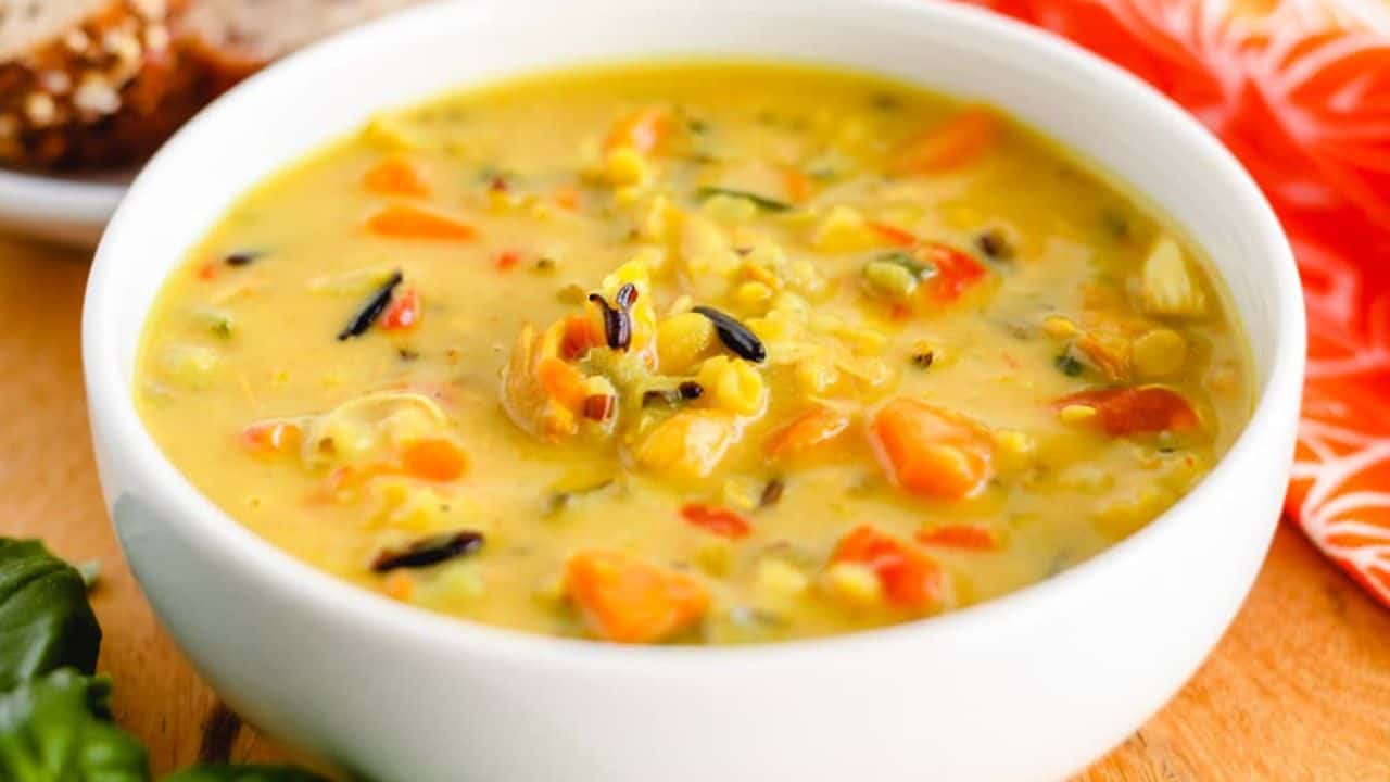 A bowl of chicken wild rice soup.