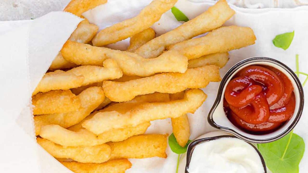 Keto French Fries on the table with ketchup and mayo.