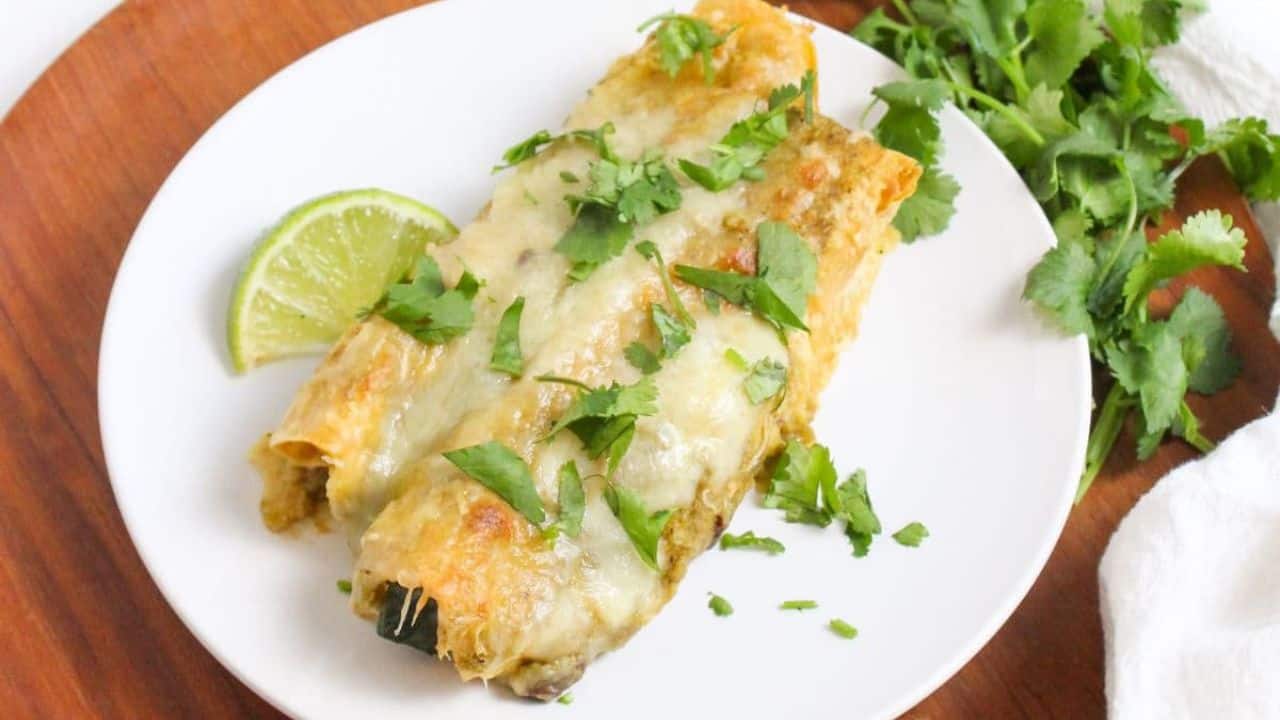 Two chicken enchiladas topped with melted cheese ona. white plate.