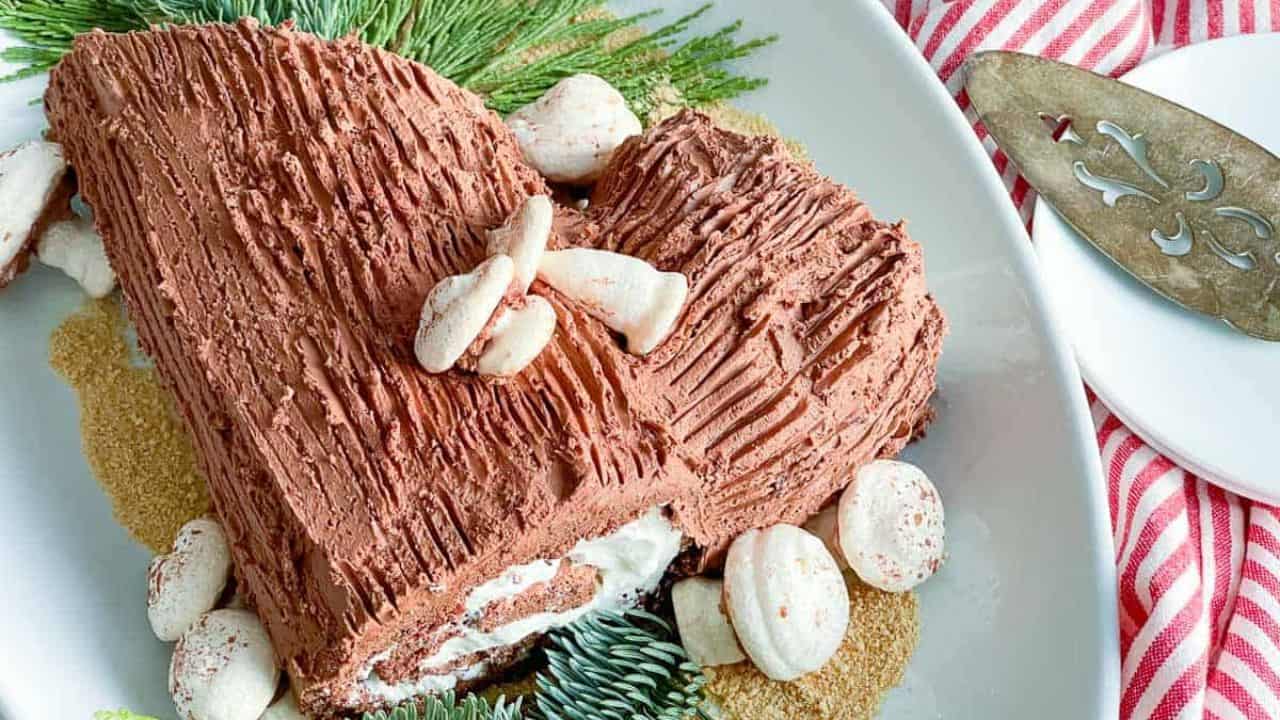 Top down shot of a yule log cake. 