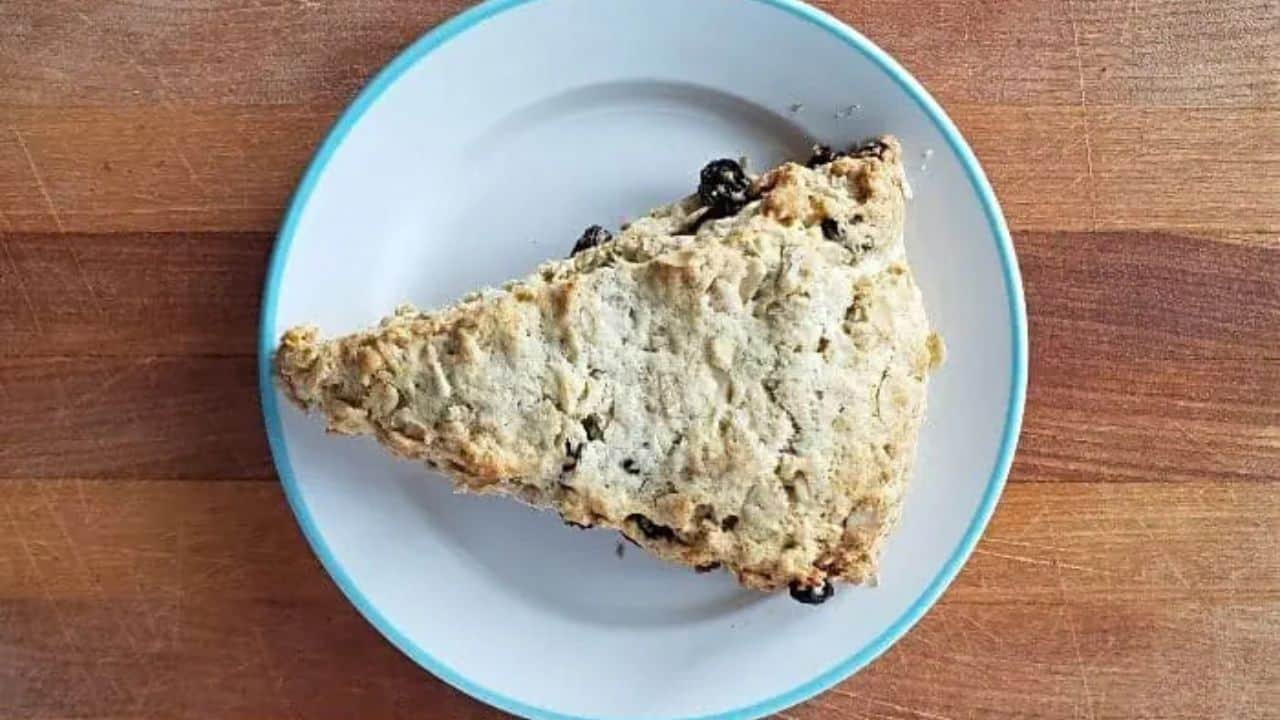 Image shows a buttermilk raisin scone on a plate.