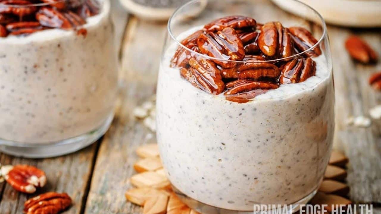 Chai latte chia pudding with pecans on top.