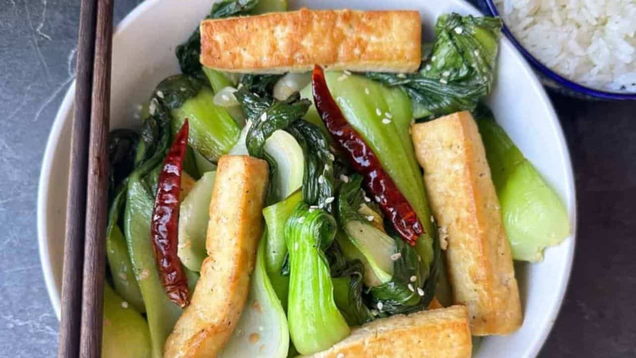 Quick and healthy tofu bok choy stir fry in a bowl.