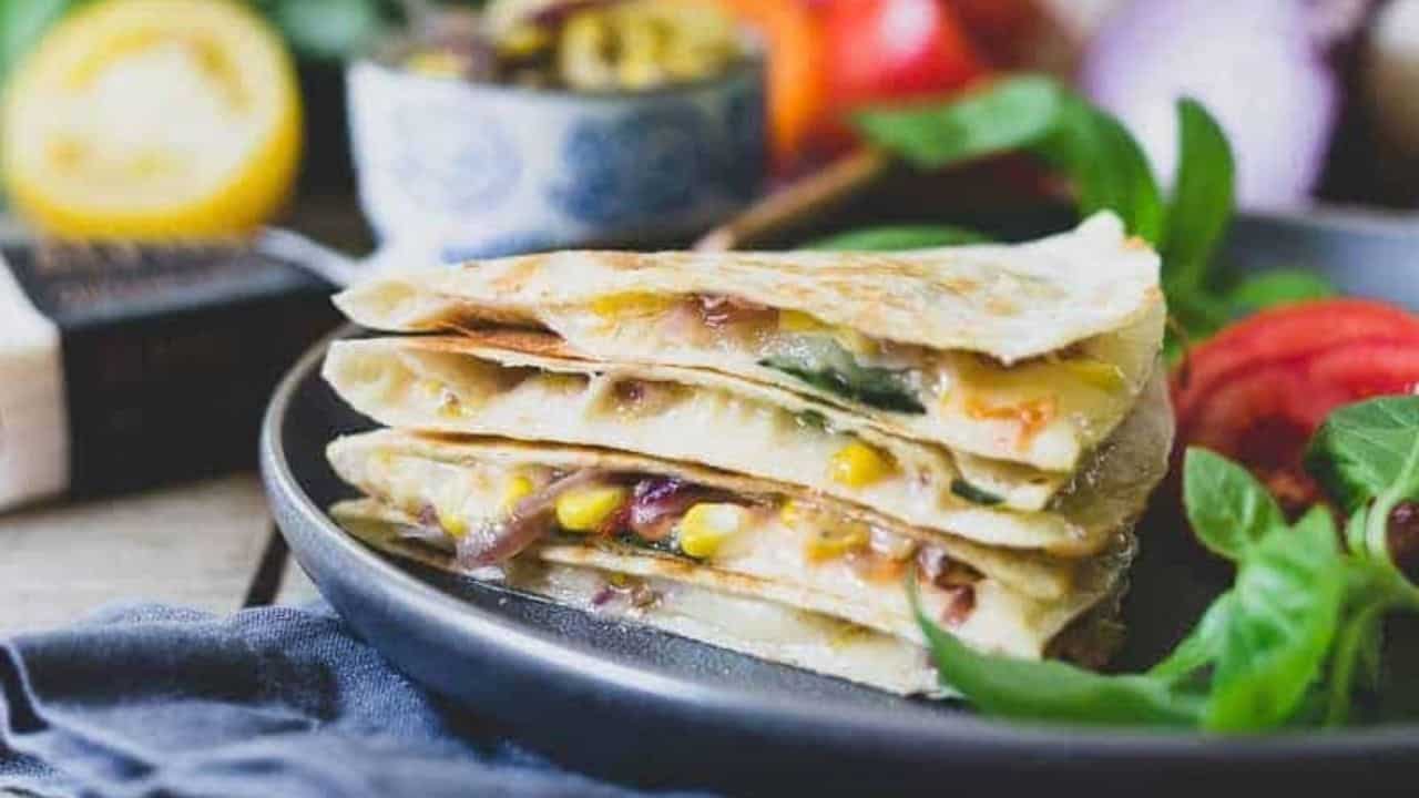 Cheddar quesadilla with summer vegetables.
